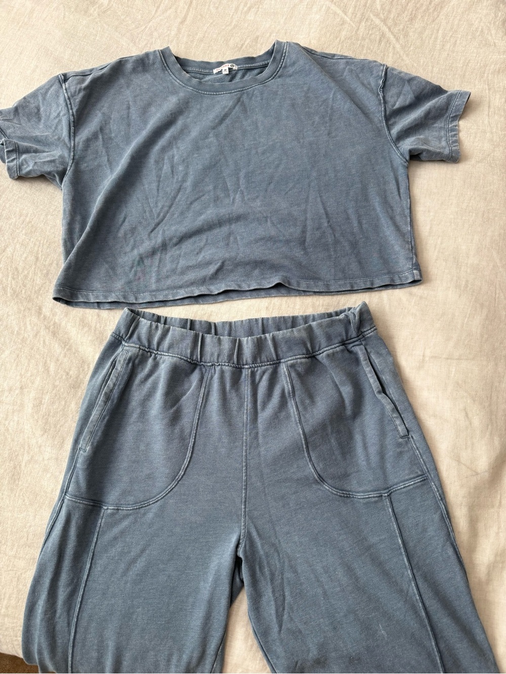 Washed Blue Sweatset - Long Wide Leg Pants and Cropped Tee